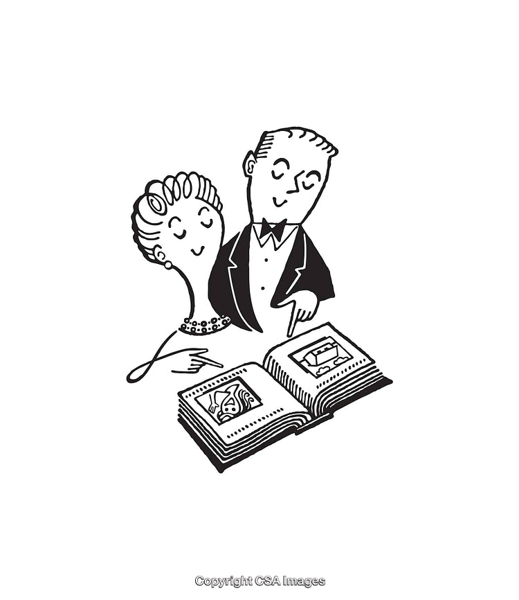 Couple Enjoying a Photo Album in Black and White Line Art