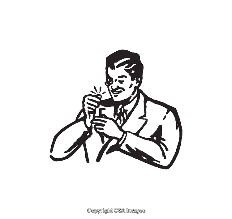 Retro Black and White Illustration of a Happy Businessman at Work