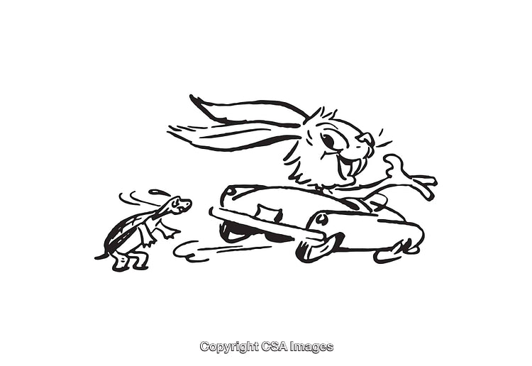 Black and White Illustration of a Hare and Tortoise Race Scene