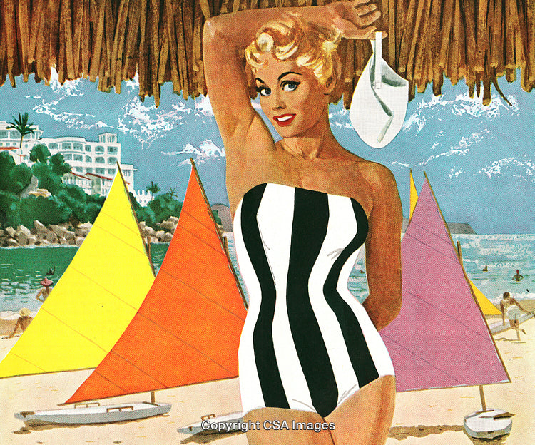Vintage Style Beach Scene Featuring Woman in Striped Swimsuit and Sailboats