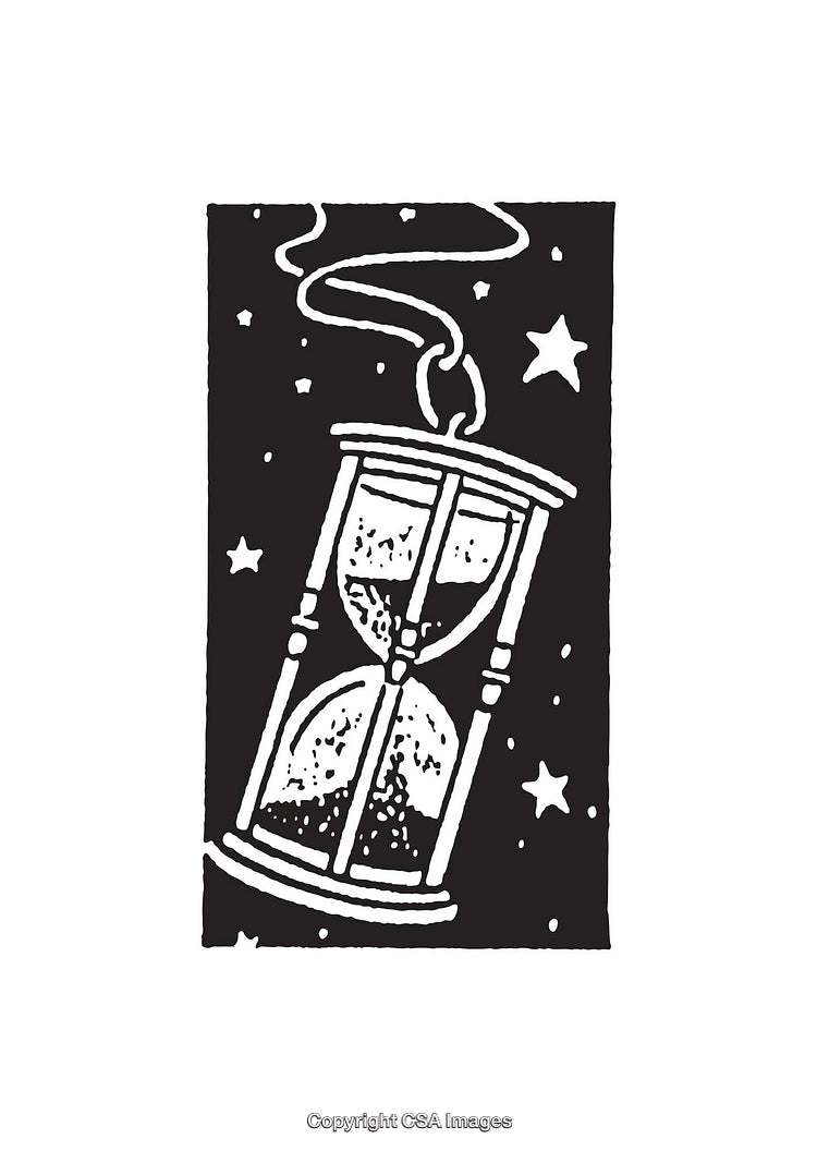 Vintage Hourglass Illustration Against Starry Black and White Background
