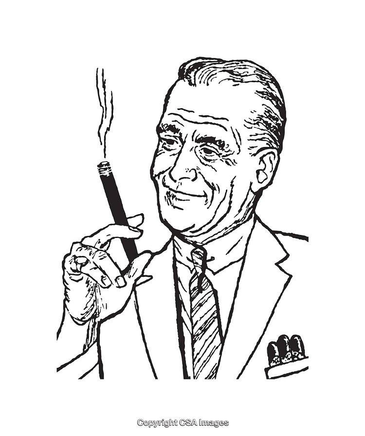 Vintage Line Art of Smiling Man Smoking a Cigar