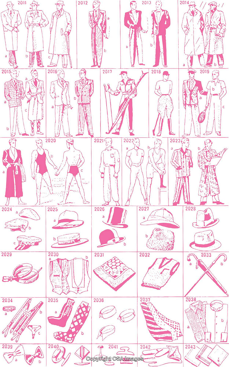Collection of Vintage Fashion Illustrations and Accessories in Pink Outline