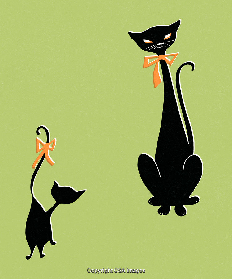 Illustration of Black Cats with Orange Bows on Green Background