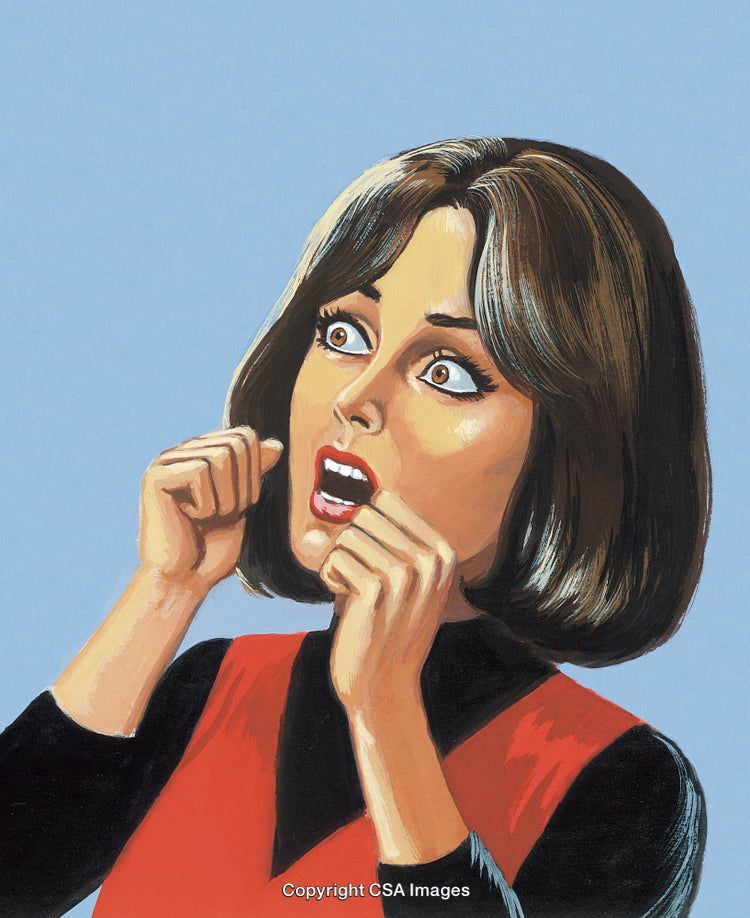 Shocked Woman Expressing Fear With Hands Raised Against Light Blue Background