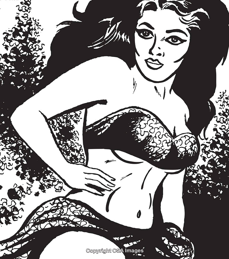 Artistic Black and White Drawing of Woman in Stylish Attire with Unique Patterns