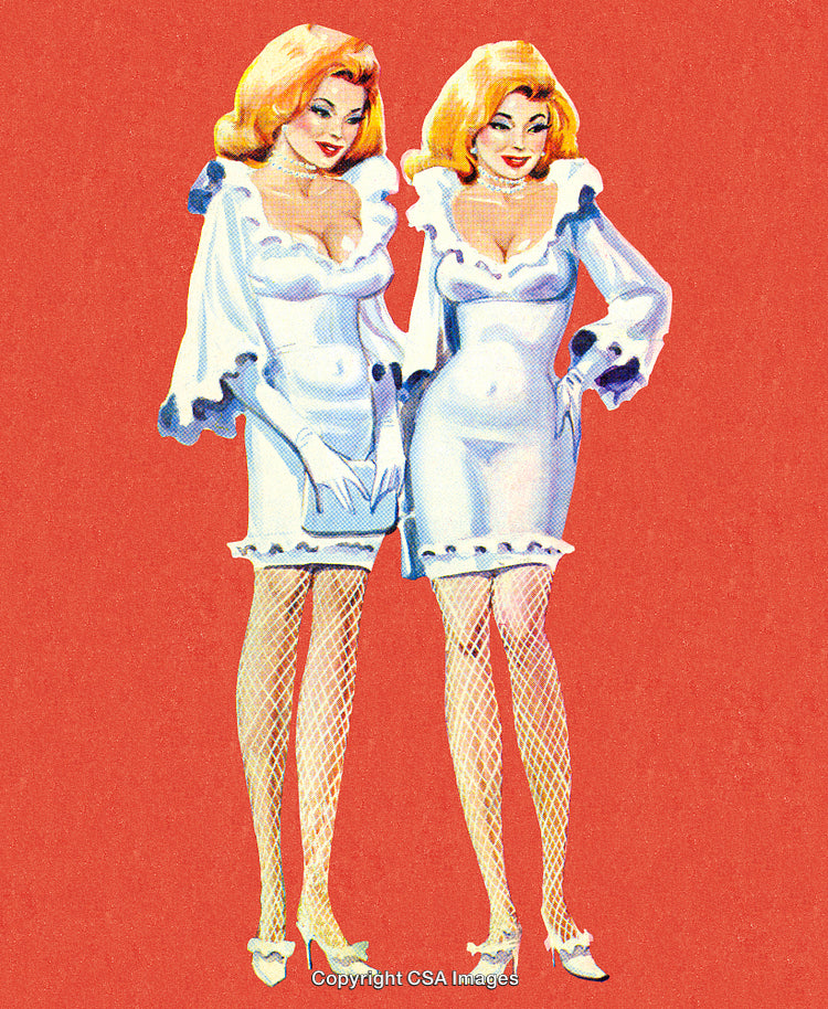 Vintage Illustration of Glamorous Women in Elegant White Dresses and Fishnet Stockings