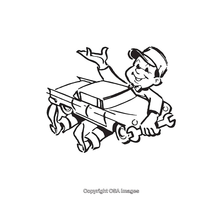 Black and White Line Art Illustration of a Mechanic and Car Repair