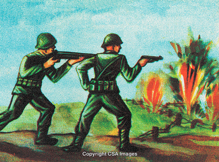 Vintage Styled Illustration of Soldiers In Battle With Explosions