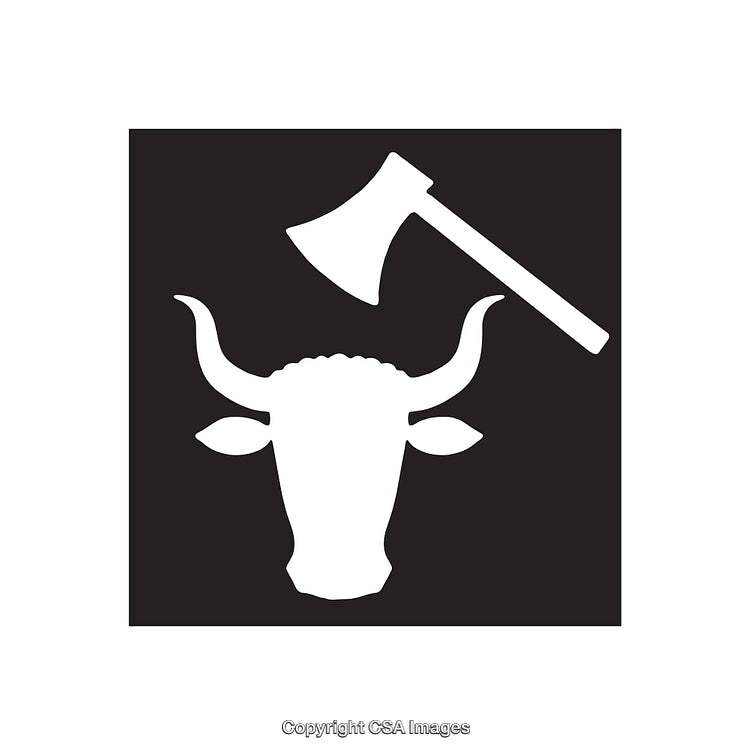 Black and White Icon of Cow Head and Axe Symbol