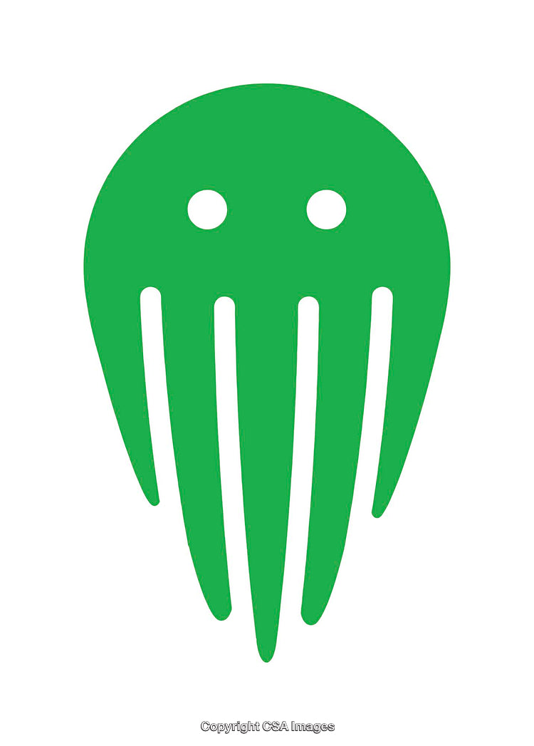 Minimalistic Green Tentacle-Like Icon with Two Eye-Like Features