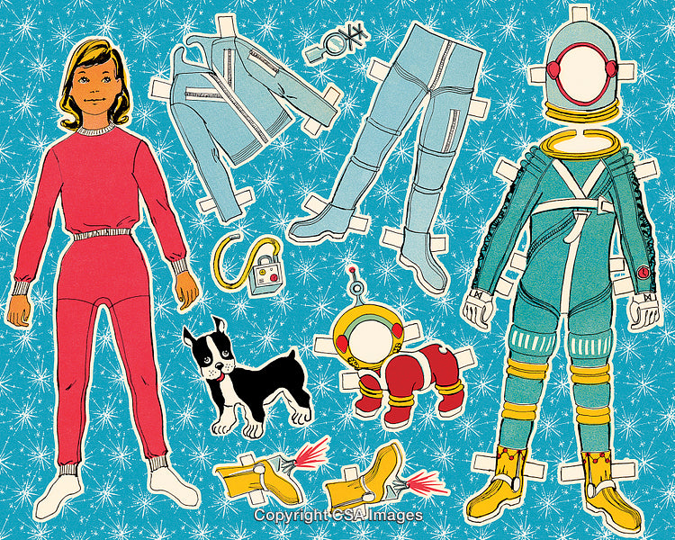 Vintage Paper Doll with Outer Space Themed Dress-Up Accessories