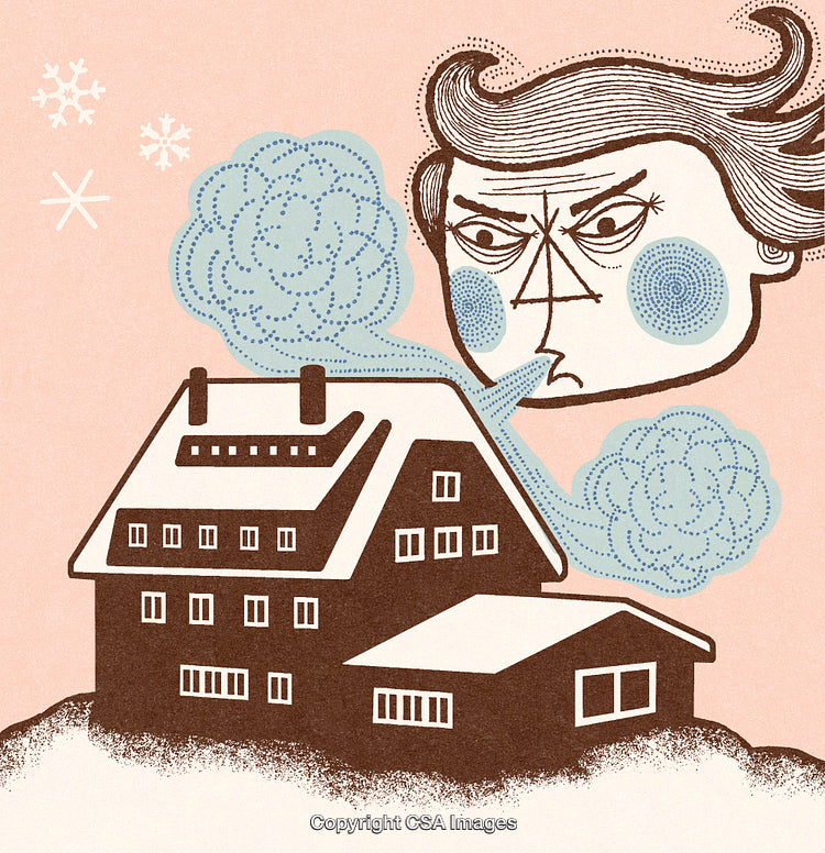 Illustration of Winter Scene with Personified Wind Blowing Over a Snowy House