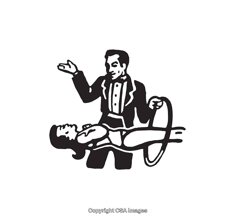 Magician Performing Levitation With Assistant in Black and White Illustration