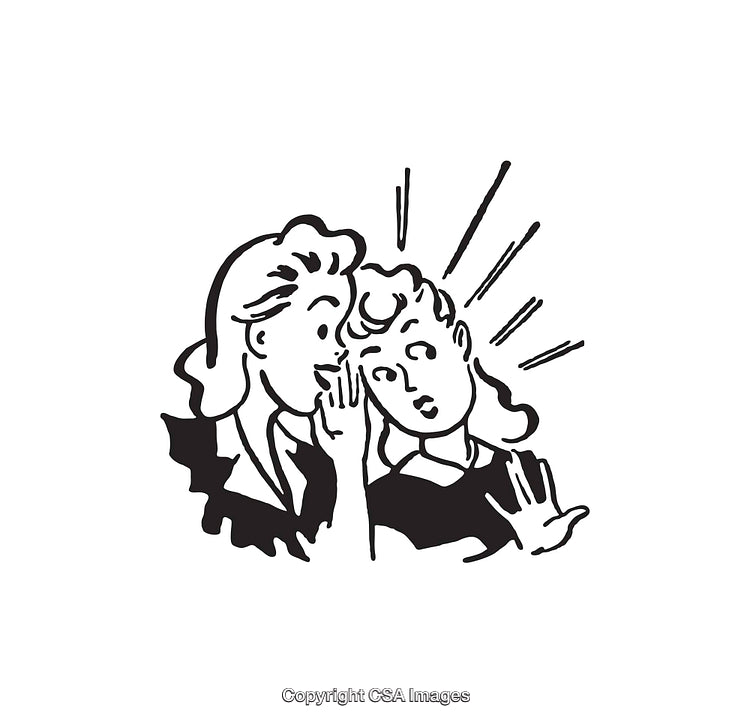 Black and White Line Art Illustration of Two Women Whispering
