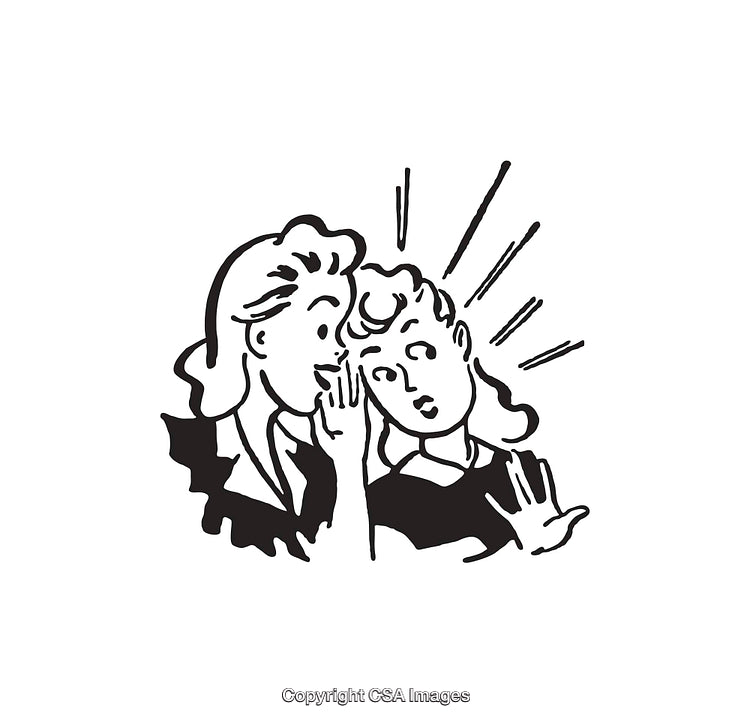 Black and White Line Art Illustration of Two Women Whispering