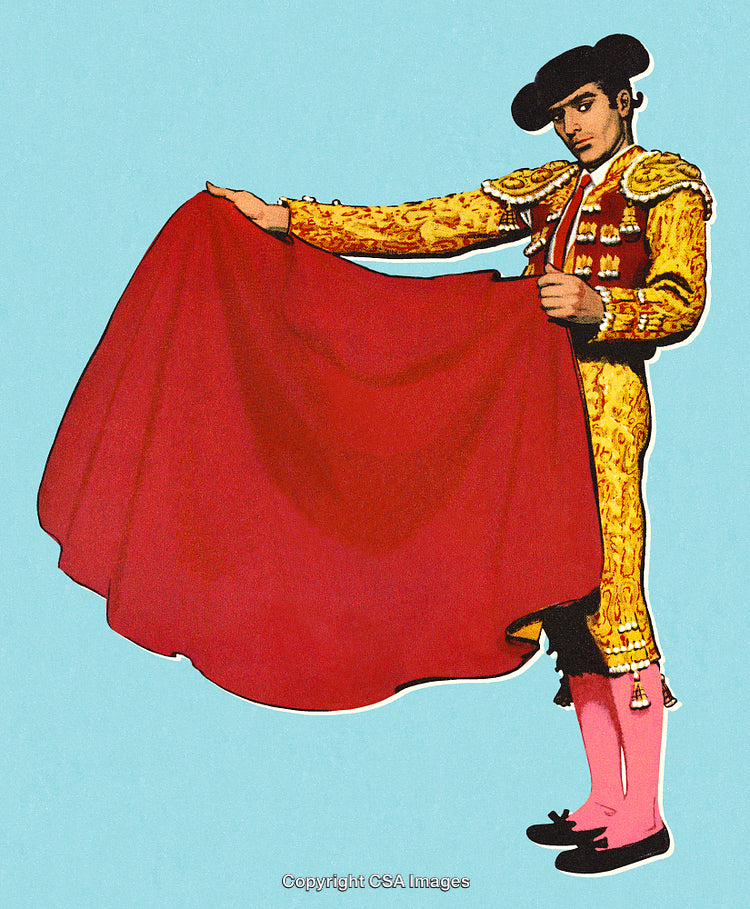 Traditional Matador in Bullfighting Costume Holding Red Cape on Blue Background