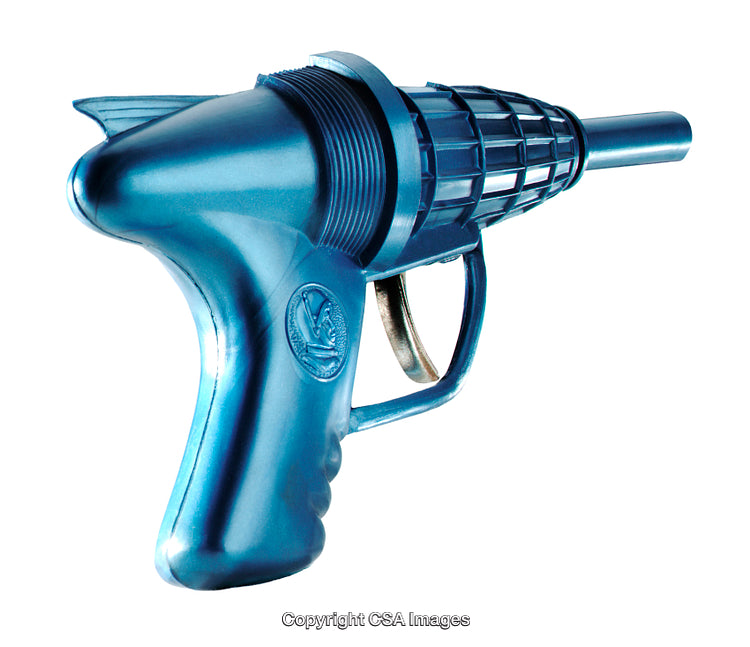 Blue Plastic Toy Ray Gun with Retro Futuristic Design Isolated on White