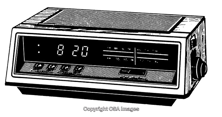 Vintage Engraved Illustration of Retro Clock Radio with Digital Display
