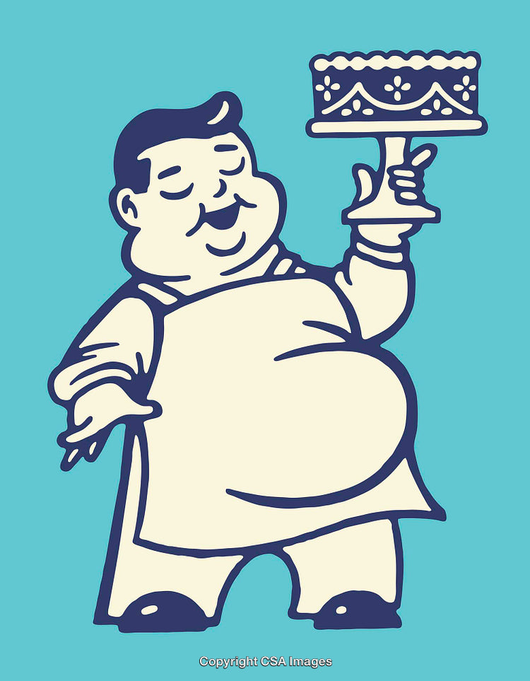 Cheerful Baker Holding a Decorated Cake on a Blue Background