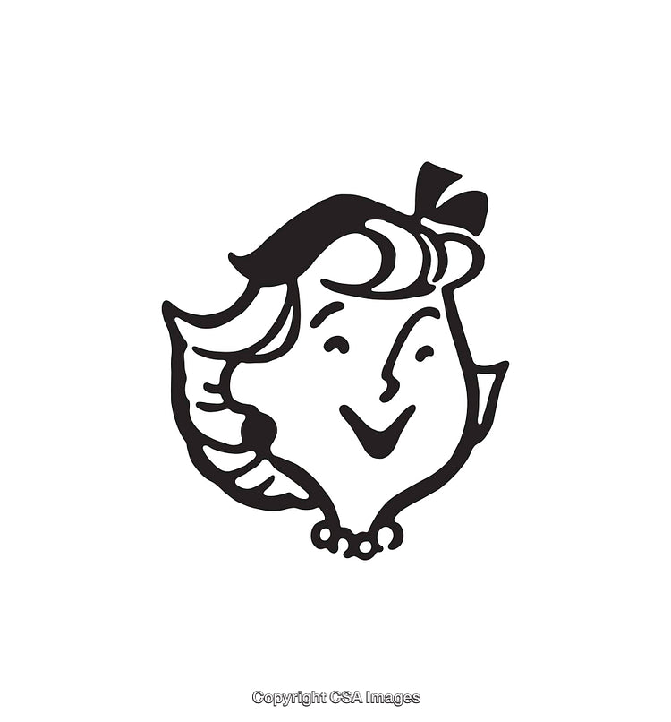 Vintage Black and White Illustration of Smiling Woman with Bow in Hair
