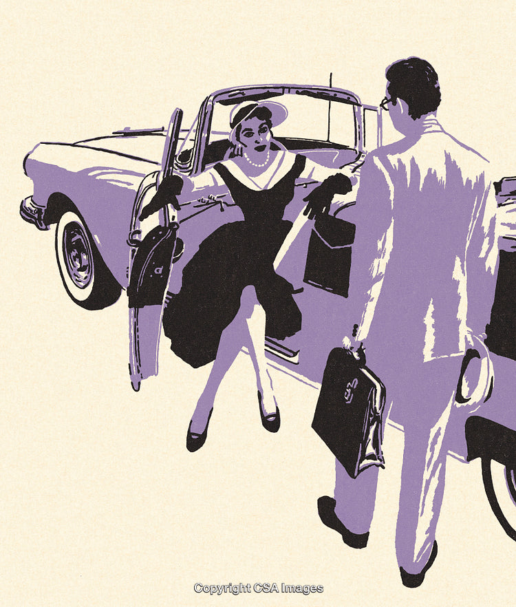 Retro Styled Illustration of a Woman Exiting a Classic Convertible Vehicle