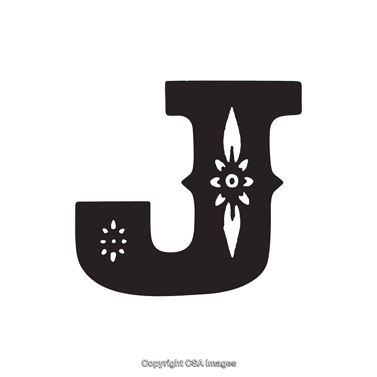 Black Decorative Letter J with Ornate Floral Patterns on White Background