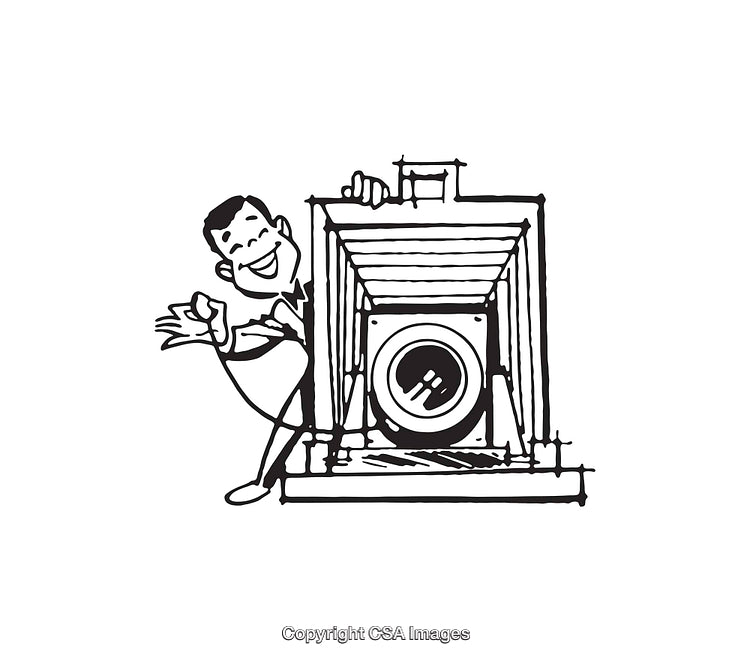 Vintage Line Art of a Cheerful Photographer with Large Format Camera