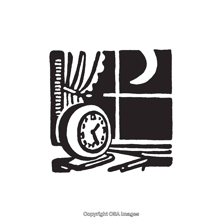 Retro Style Black And White Illustration of a Nighttime Clock Scene