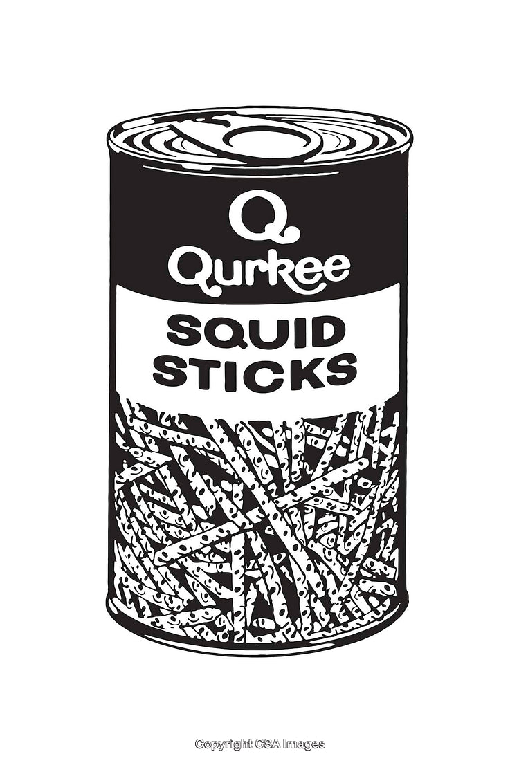 Black and White Line Art Illustration of a Squid Sticks Tin Can