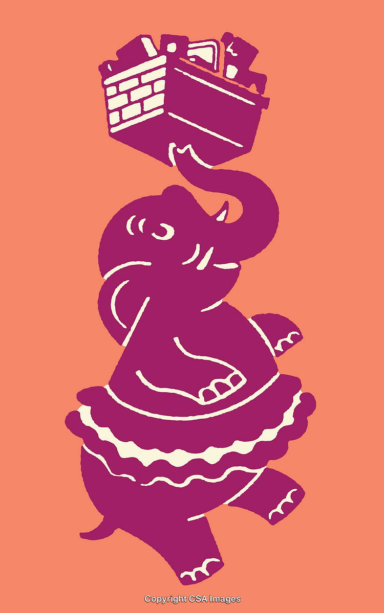 Whimsical Purple Elephant Balancing Objects in Colorful Line Art Style