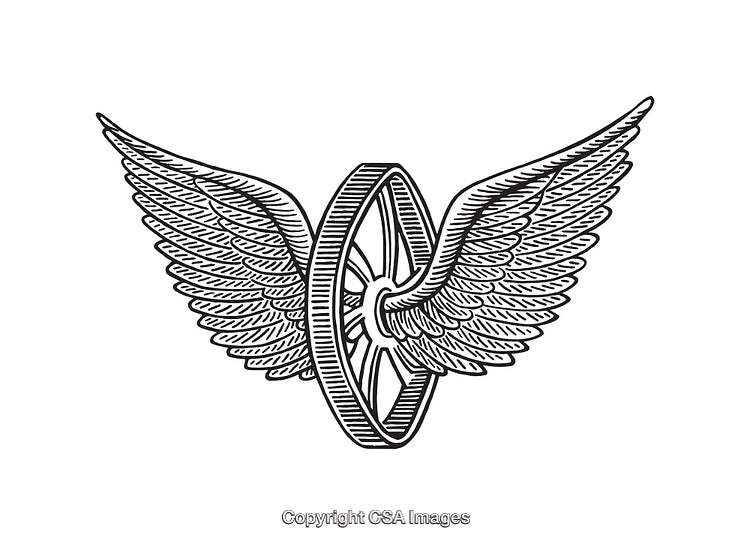 Detailed Line Art Illustration of Winged Wheel Symbol in Black and White