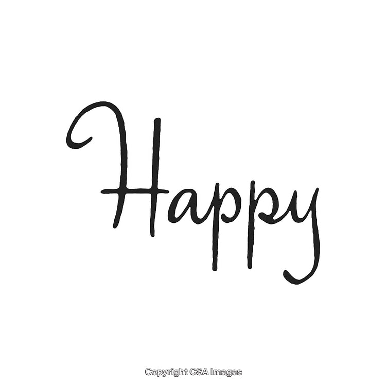Handwritten Word 'Happy' In Stylish Black Text on a White Background