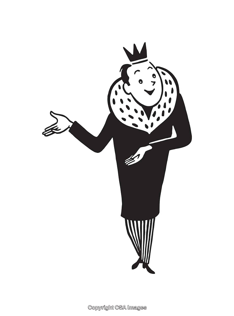 Retro Black and White Illustration of a Smiling King Character