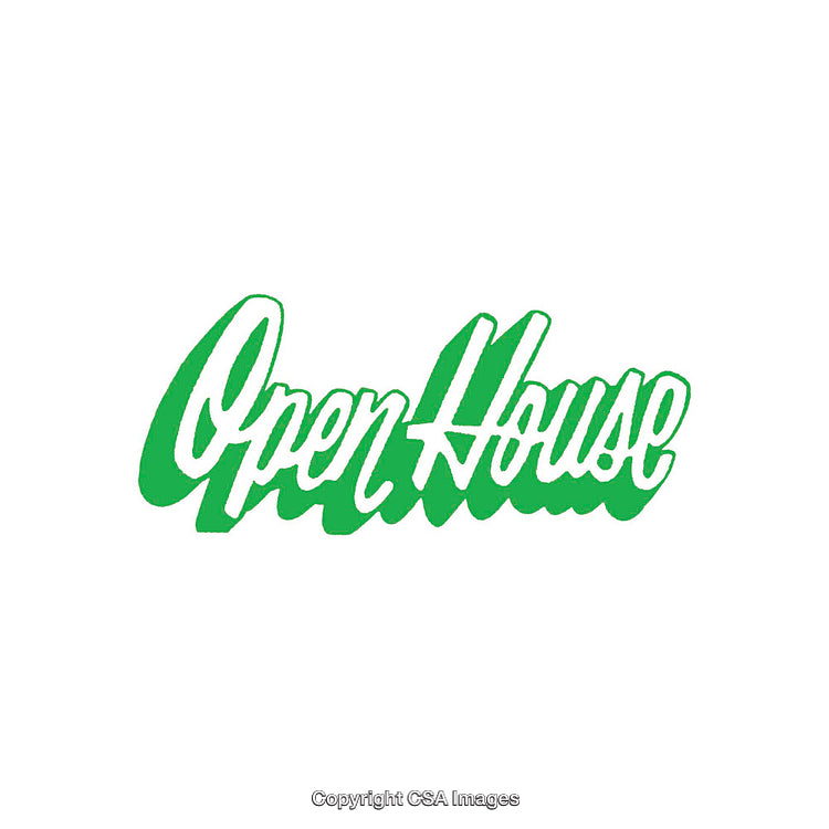 Green Script Font Open House Sign on White Background