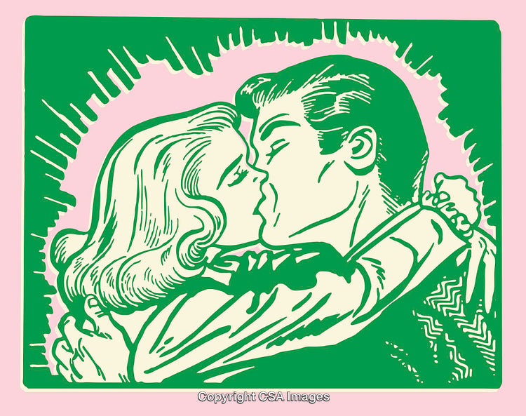 Retro Style Romantic Line Art of a Couple Embracing and Kissing