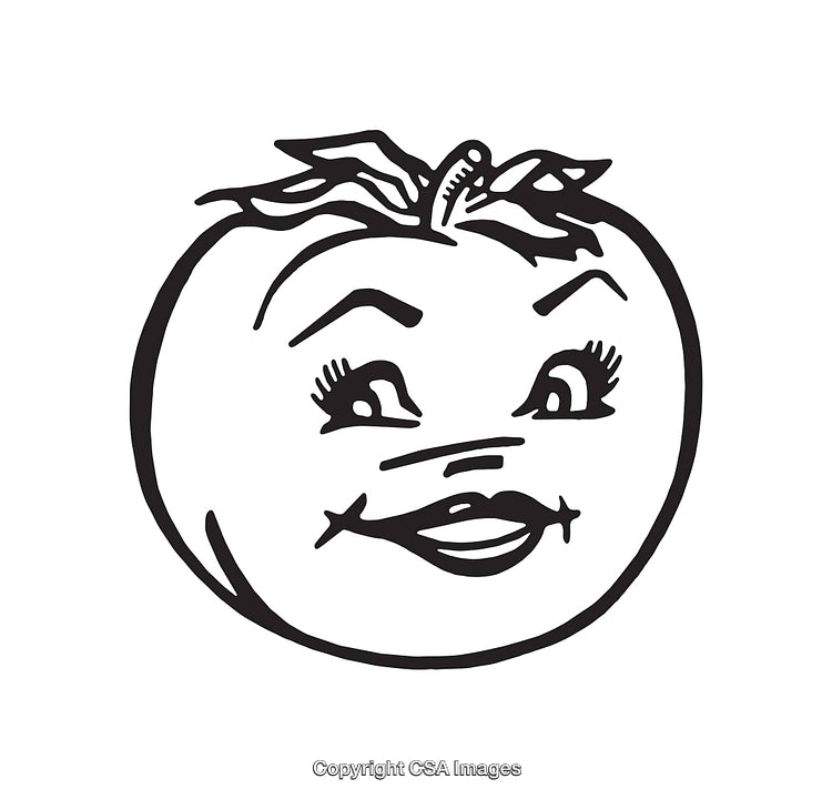 Cartoon Tomato with a Cheerful Face in Black and White Line Art