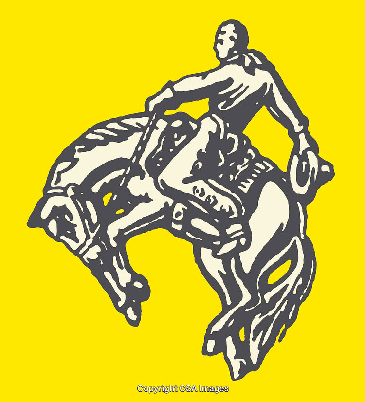 Western Cowboy Riding Bucking Horse on Bright Yellow Background
