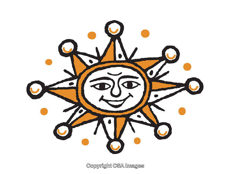 Hand-Drawn Orange Sun with Face and Radiant Points
