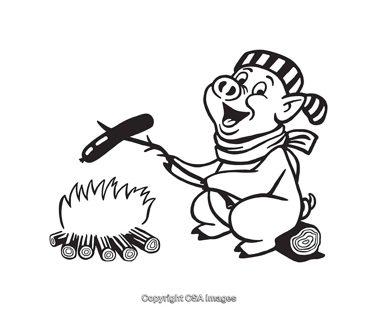 Cheerful Pig Roasting Sausage Over Campfire in Black and White Line Art