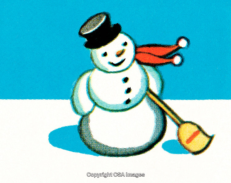 Playful Retro Snowman Illustration with Red Scarf and Winter Atmosphere