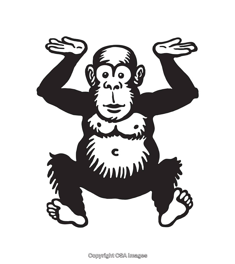 Whimsical Black and White Monkey Illustration with Raised Hands