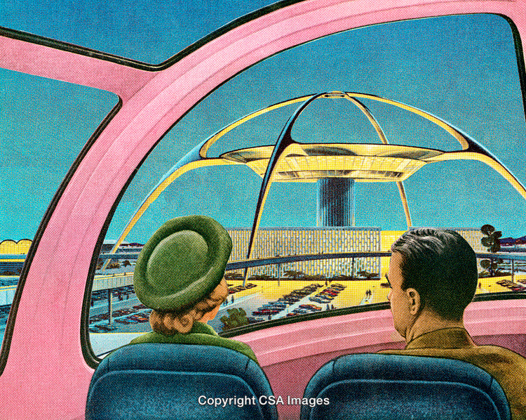 Retro Illustration of Futuristic Architecture Viewed Through Vehicle Window