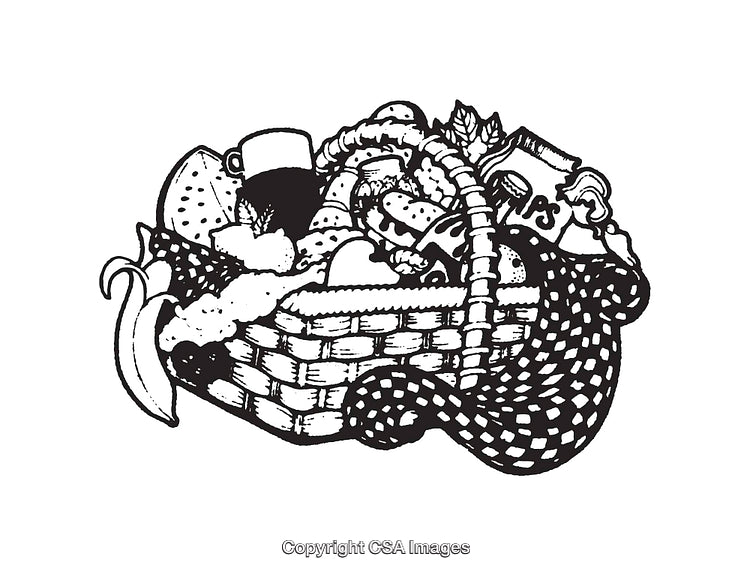 Illustration of a Picnic Basket With Food Items in Black and White Line Art