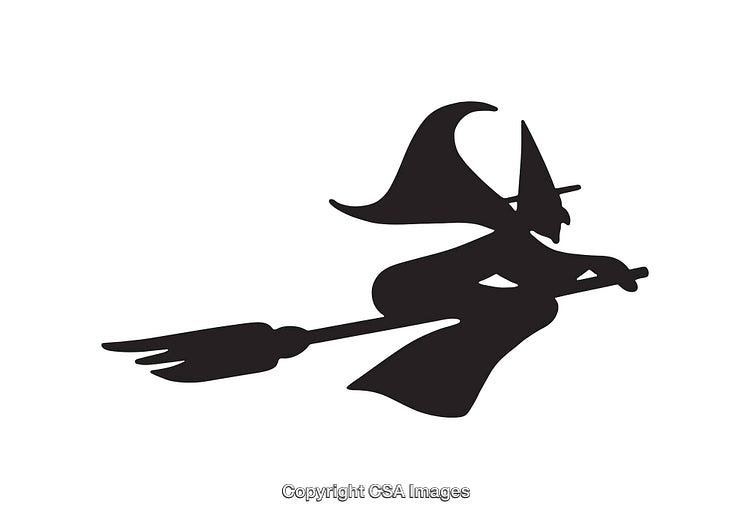 Silhouette Witch Flying on a Broomstick in Line Art Style