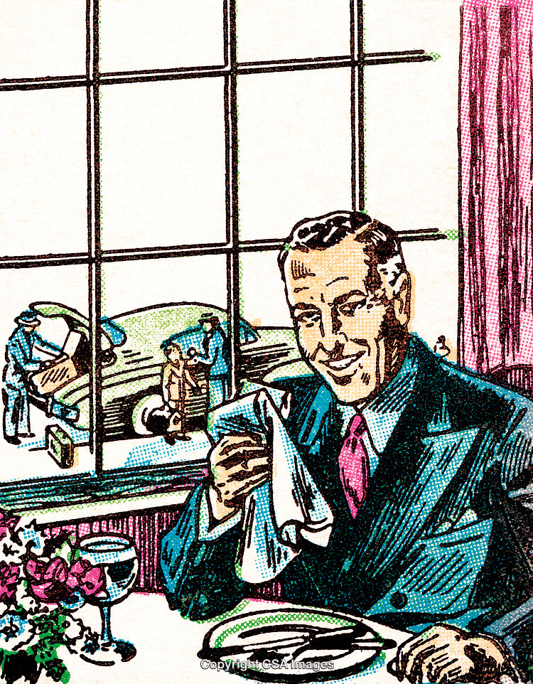 Retro Illustration of a Dining Gentleman with a Scenic Background