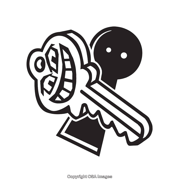 Illustration of Key with Facial Features and Keyhole in Line Art