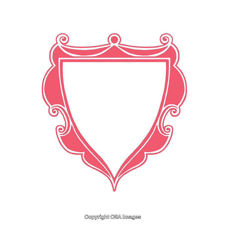 Decorative Red Ornamental Shield Emblem with Intricate Victorian Border