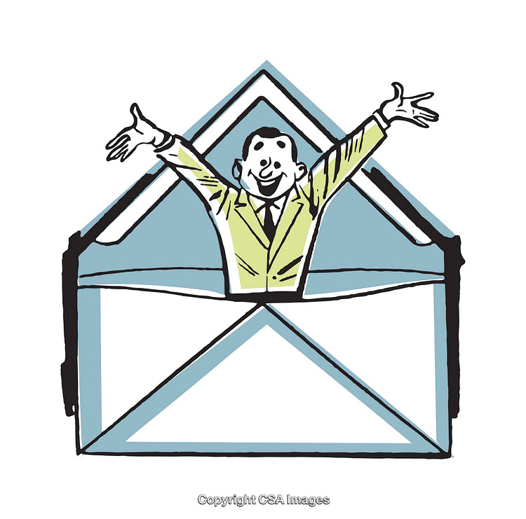 Vintage Illustration of Cheerful Businessman Emerging from an Envelope