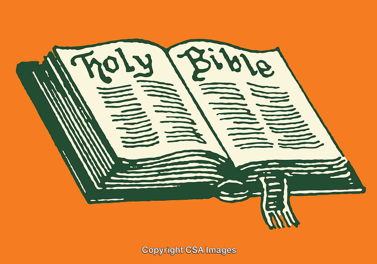 Illustrated Holy Bible Opened Depicting Its Pages on an Orange Background